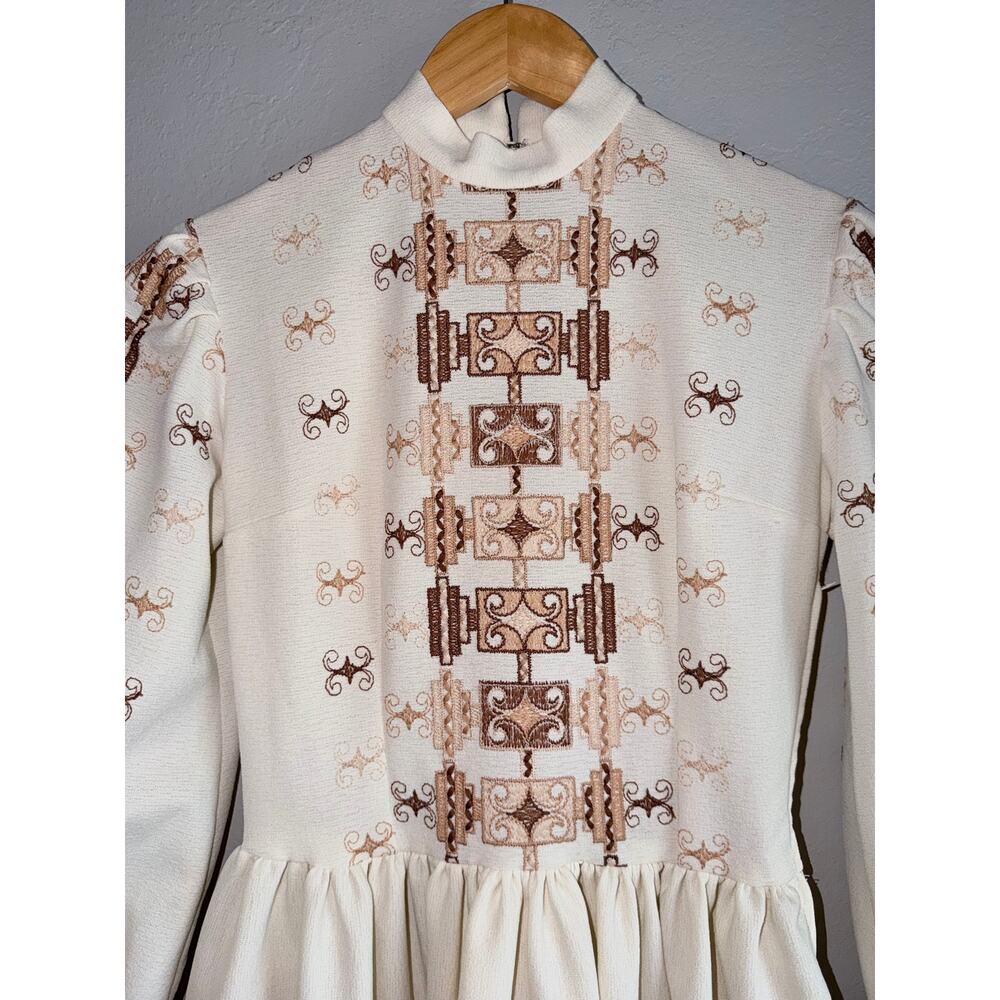 Vintage 70s Handmade Maxi Dress Brown boho retro Border Print Puff Sleeve small - Picture 8 of 9